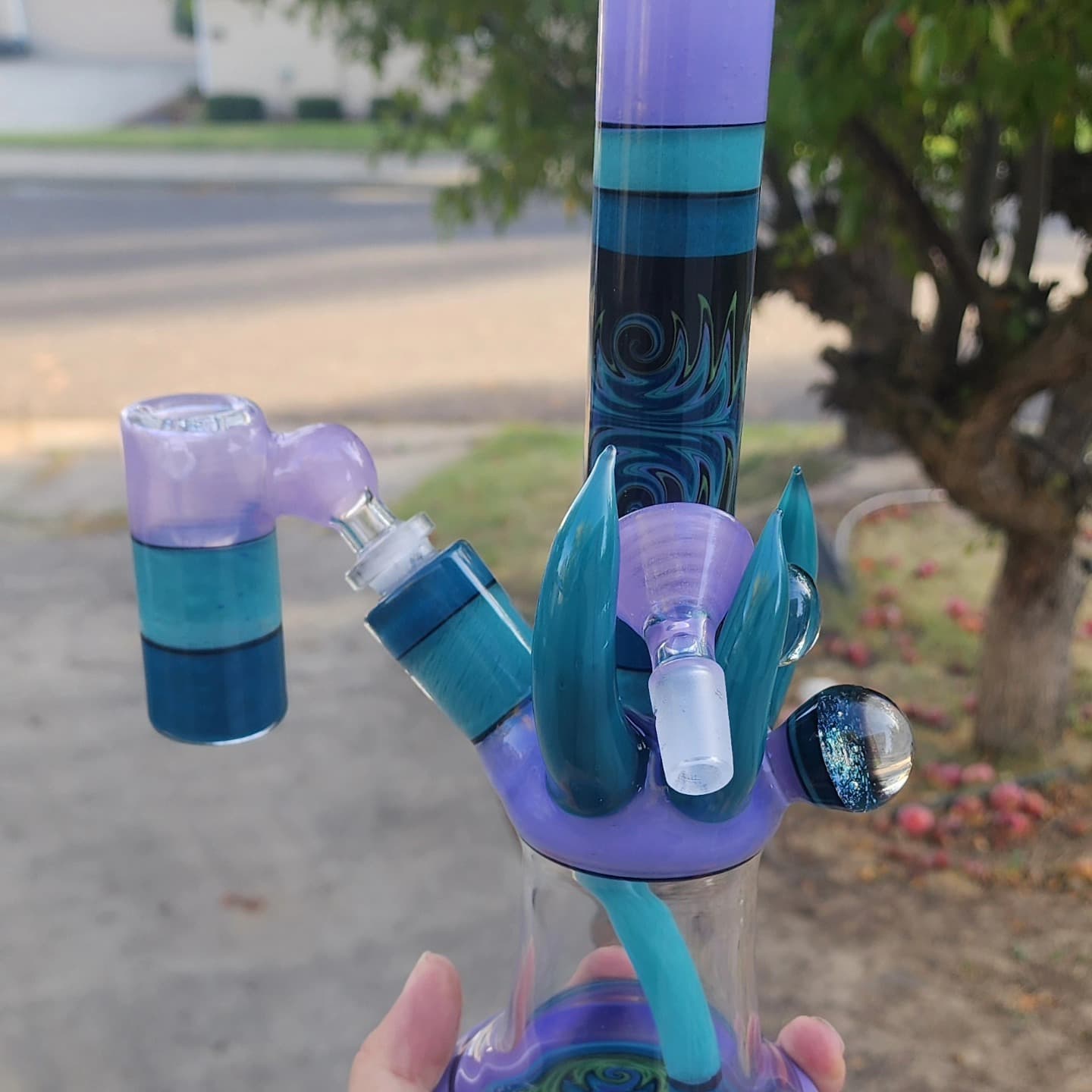 Pastel lineworked bong. Comes with martini bowl and hash catcher and quartz rod.